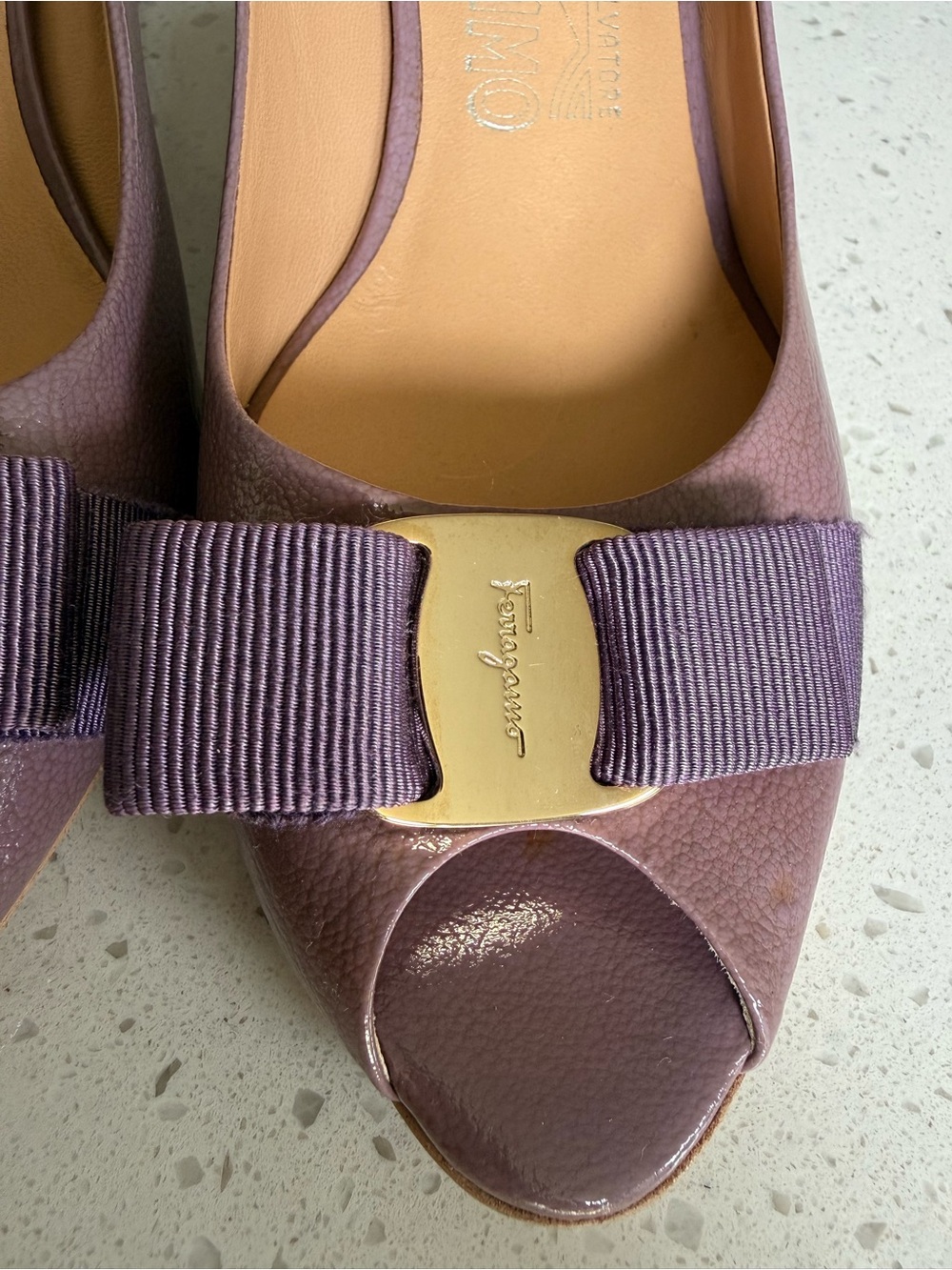 Salvatore Ferragamo Lilac Vara Bow Peep-Toe Pumps - Picture 10 of 16